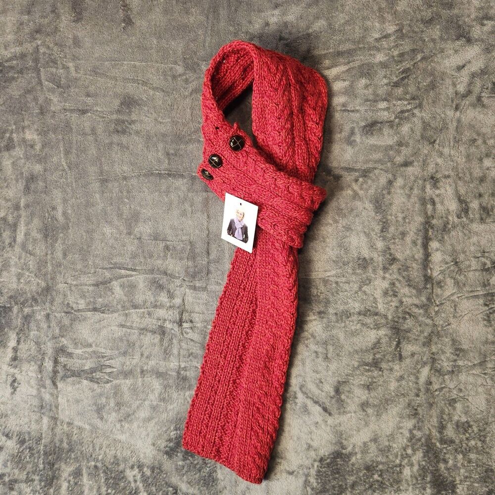Aran Woollen Mills Scarf Women Red Merino Wool 3-Button Loop Cable Knit NWT - Picture 1 of 7